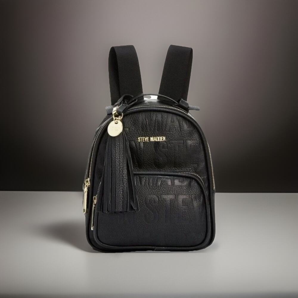 Black Steve Madden Embossed Mini Backpack Purse With Charm And Tassel